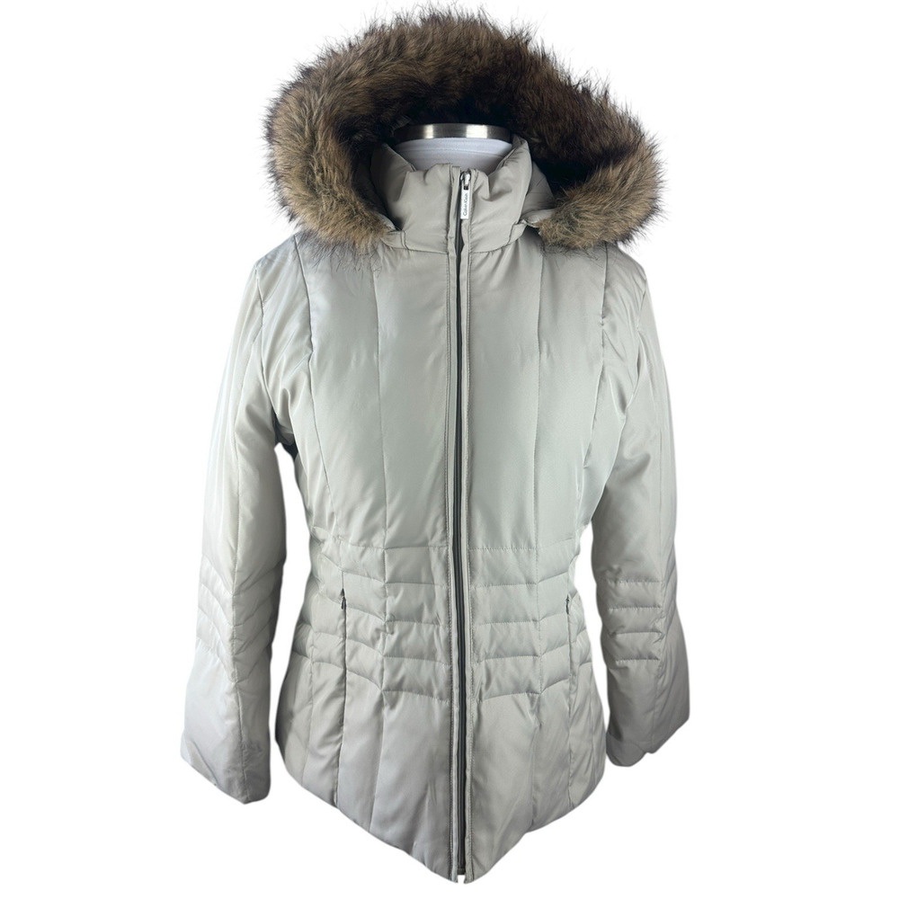 Calvin Klein Down Puffer Coat Faux Fur Hood Beige Full Zip Women's Size XL - Picture 2 of 15